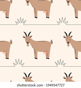 Seamless pattern with cute goats. Background with farm animals. Wallpaper, packaging. Flat vector illustration