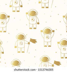 Seamless pattern with cute golden astronauts. Cartoon spaceman silhouette background. Futuristic gold cosmonaut wallpaper for kids.