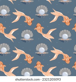 Seamless pattern, cute golden fish and white pearls in shells on a blue background, pastel colors. Print, textile, wallpaper, bedroom decor	
