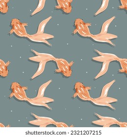 Seamless pattern, cute golden fish and white stars on an emerald background, pastel colors. Print, textile, wallpaper, bedroom decor	
