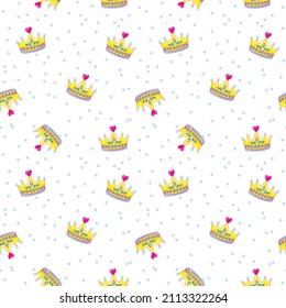 Seamless pattern with cute golden king or princess crowns. Tiara and pearls in a fun childish style. Vector illustration for print clothes, cards, textiles