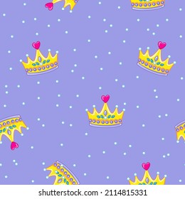 Seamless pattern with cute golden king or princess crowns on purple background. Tiara and pearls in a funny children's style. Vector illustration for print clothes, postcards, textiles