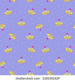 Seamless pattern with cute golden king or princess crowns on purple background. Tiara and pearls in a funny children's style. Vector illustration for print clothes, postcards, textiles