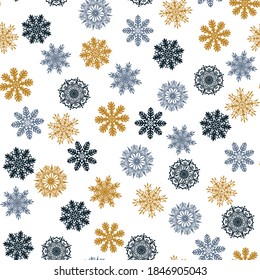 Seamless pattern with cute golden original snowflakes. 