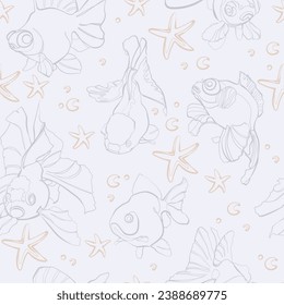 Patrón sin foco con peces de colores y estrellas. Ilustración vectorial.