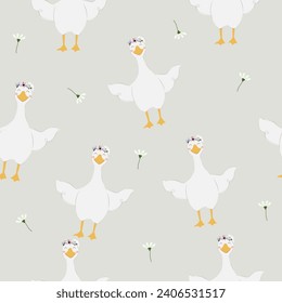 seamless pattern of cute  goose with flower headband and white flower around on gray background ,vector ,illustration