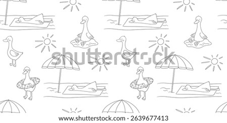 Seamless pattern with cute goose on beach. Vector outline monochrome repeat design on white background for kids and nursery