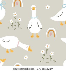 Seamless pattern with cute goose with rainbow and flowers. Vector illustration for printing. Cute baby background for girls.