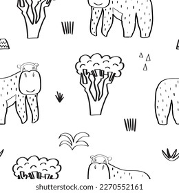 Seamless pattern with cute gorilla surrounded by tropical plants. Vector illustration in doodle style for your design