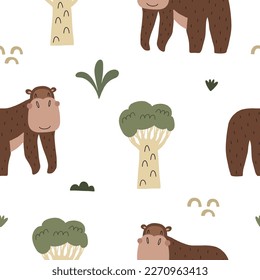 Seamless pattern with cute gorilla surrounded by tropical plants. Vector illustration in warm colors for your design