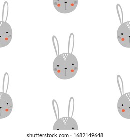 Seamless pattern with cute gray bunnies, white background