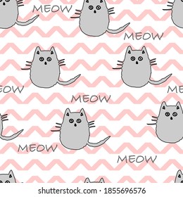 Seamless pattern with cute gray cat and white-pink zigzag.