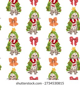 Seamless pattern with cute gray cat dressed as Christmas tree and wearing red scarves like tinsel. festive background for winter wrapping paper, prints on children's textiles, or greeting card decor