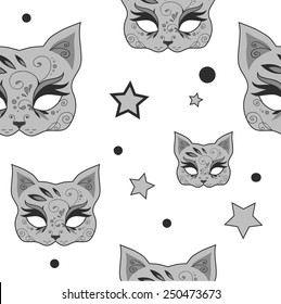 Seamless pattern with cute gray cats mask and stars. Vector version