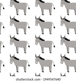 Seamless pattern with cute gray donkeys. Background with farm animals. Wallpaper, packaging. Flat vector illustration