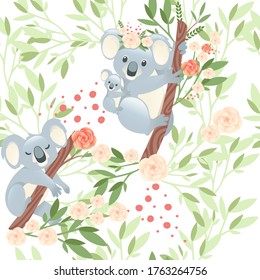 Seamless pattern cute gray female koala mother with small children flat vector illustration on white background with flowers