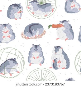 Seamless pattern with cute gray hamster with white belly gnaws carrot or seed, runs in wheel, sleeps, looks curiously. Funny fluffy pet with baby cartoon vector. Small adorable home animal on white