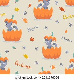 Seamless pattern with cute gray kitten, cat sitting in the ginger, red cut pumpkin and pumpkin cover on head isolated on beige. Vector illustration, print for packaging, fabrics, wallpapers, textiles.