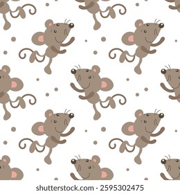 Seamless pattern, cute gray mice on a white background. Print for children, children's textiles, kids bedroom decor