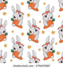 Seamless Pattern Cute gray rabbit and pink bow holding a carrot. Bunny and flowers Print design for children's textiles. Children's fashionable fabric, prints, t-shirt.