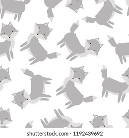 Seamless Pattern With Cute Gray Wolves. Forest Animals. Vector Illustration On White Isolated Background. Suitable For Printing On Textiles, Fabrics, Clothing, Packaging.