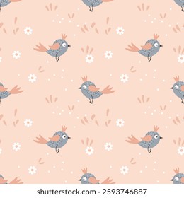 Seamless pattern, cute gray-pink birds, flowers and leaves on a pink background. Baby print, baby textile, bedroom decor