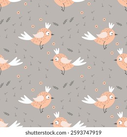 Seamless pattern, cute gray-pink birds, flowers and leaves on a gray  background. Baby print, baby textile, bedroom decor