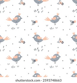 Seamless pattern, cute gray-pink birds, flowers and leaves on a white background. Baby print, baby textile, bedroom decor