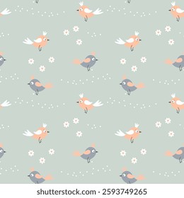 Seamless pattern, cute gray-pink birds, flowers and leaves on a pastel background. Baby print, baby textile, bedroom decor