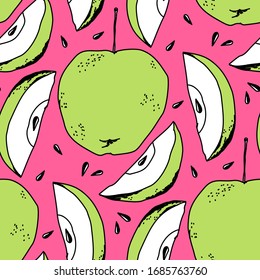 Seamless pattern of cute green apples, halfs, seeds