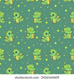 Seamless pattern with cute green baby dragon on green background.