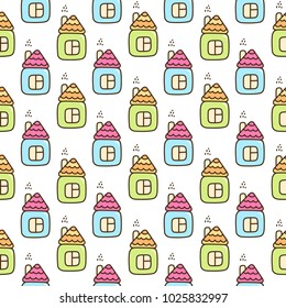 Seamless pattern with cute green and blue house. It can be used for packaging, wrapping paper, textile and etc. Excellent print for children's clothes, bed linens, etc.