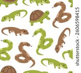 Seamless pattern with cute green and brown reptiles: snakes, lizards, turtles. Tropical wild animals. Wildlife or zoo. Exotic pets. Vector flat illustration on white background