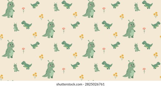 seamless pattern with cute green bugs and small yellow and pink flowers on beige background perfect for children designs