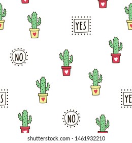 Seamless pattern with cute green cacti and words. Vector template.
