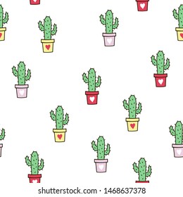 Seamless pattern with cute green cacti. Vector template.