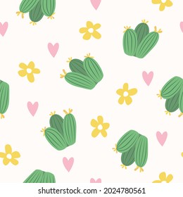 Patrón sin foco con adorables cactus verdes con espinas en macetas de flores.  Plantas y naturaleza, plantas domésticas.  Ilustración plana vectorial.