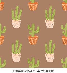 Patrón sin foco con un lindo cactus verde. Dibujo manual de dibujos de dibujos de cactus de doodle vectoriales coloridos. Acondicionamiento o impresión textil. Plantilla de arte de papel. Fondo beige