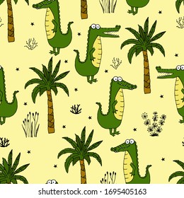 Seamless pattern with a cute green crocodile with palms and grasses. Vector illustration for printing on fabric, packaging paper, Wallpaper. Cute children's background.
