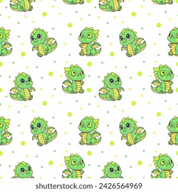 Seamless pattern with cute green crocodile on white background.