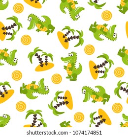 Seamless pattern with cute green crocodiles, palm trees, sand, sun. Vector illustration on a white background.