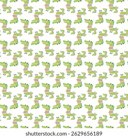Seamless Pattern of Cute Green Crocodiles in Red Striped Shirts on White Background