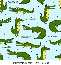 Seamless pattern with a cute green crocodile.Vector illustration for printing on fabric, packaging paper, Wallpaper. Cute children's background.
