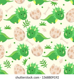 seamless pattern with cute green dinosaur and eggs - vector illustration, eps