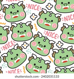 Seamless pattern of cute green dragon face with nice word and flower on white background.Chinese animal character cartoon design.Zodiac.Baby clothing.Kawaii.Vector.Illustration.