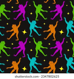 Seamless pattern cute green frog dancing among the stars.