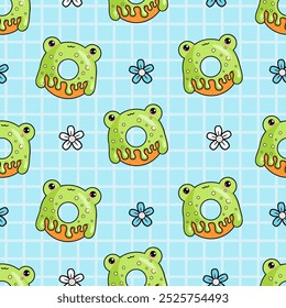 Seamless pattern with cute green frog donut. Funny kawaii cartoon character sweet food on blue checkered background with flowers. Vector illustration.