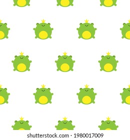 Seamless pattern with cute green frogs and crowns vector kawaii illustration