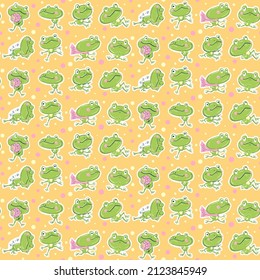 Seamless pattern with cute green frogs. Vector illustration