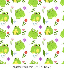 Seamless pattern of cute green frogs surrounded by spring flowers. Kawaii characters in cartoon style. Pattern wrapper on white background